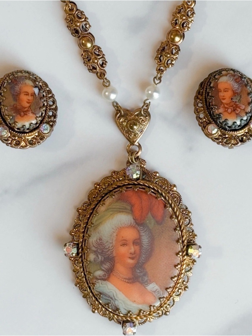 Vintage West Germany Marie Antoinette Portrait Necklace Victorian AB Rhinestone